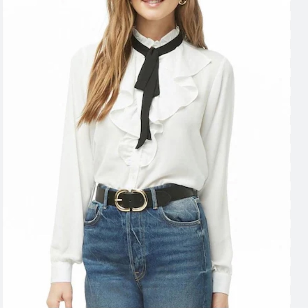 White Chiffon Ruffle Tie-Front Blouse